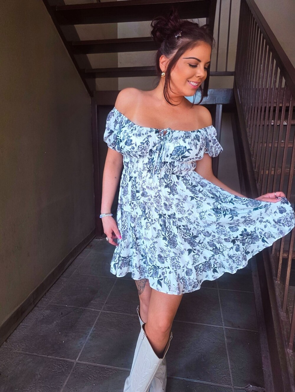 Black And White Off Shoulder Floral Dress
